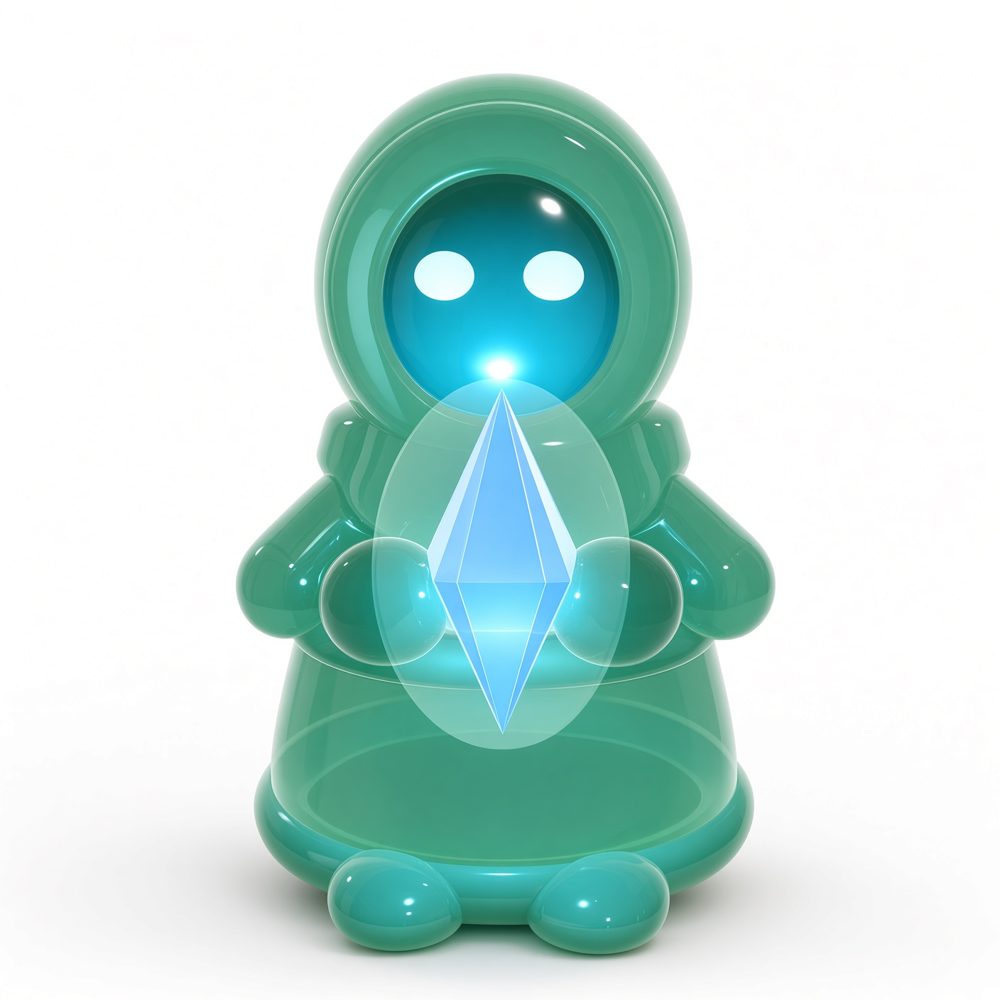 a ponser, rendered in jade glass, holding a glowing gem